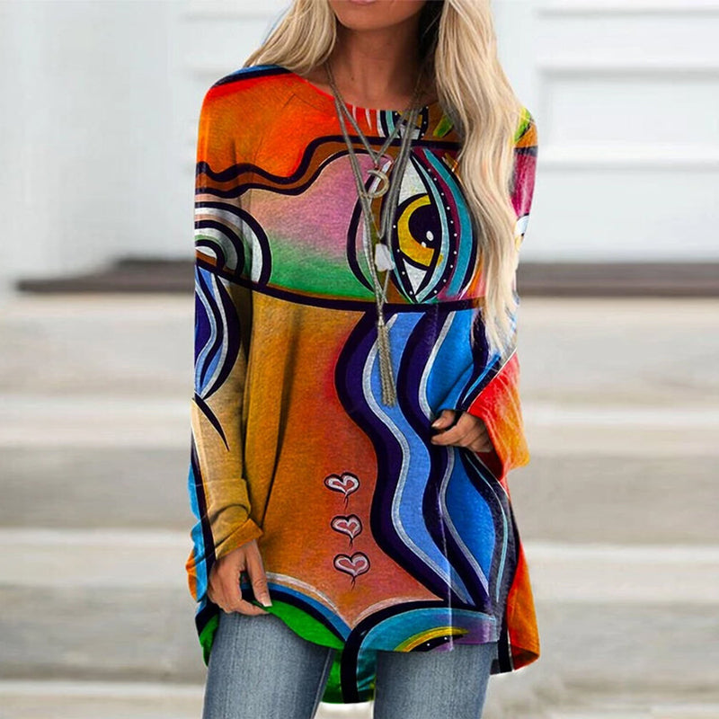 Loose Long-sleeved V-neck Mid-length Printed T-shirt