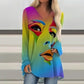 Loose Long-sleeved V-neck Mid-length Printed T-shirt