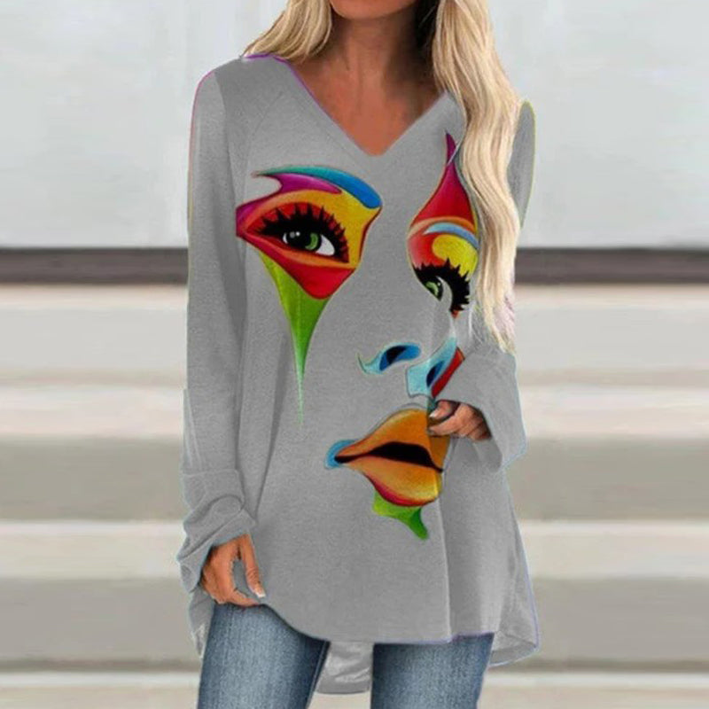 Loose Long-sleeved V-neck Mid-length Printed T-shirt