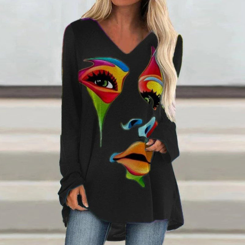 Loose Long-sleeved V-neck Mid-length Printed T-shirt