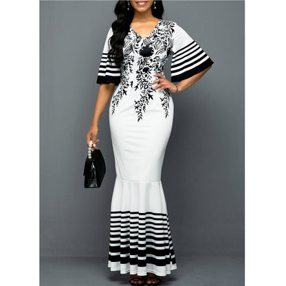 High Waist V-neck Print Stitching Skirt Evening Dress