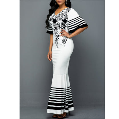 High Waist V-neck Print Stitching Skirt Evening Dress