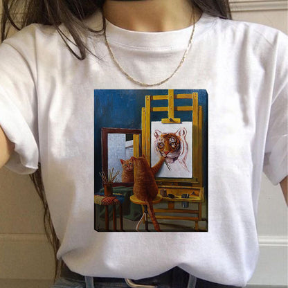 Funny Oil Painting Printing Starry Sky Harajuku Style Trendy T-shirt