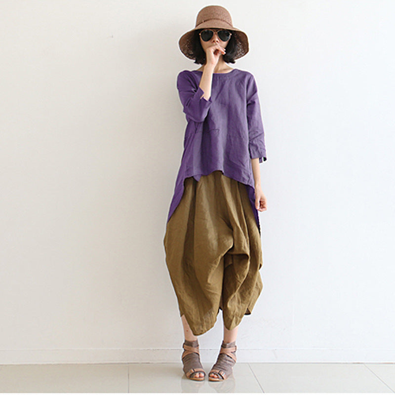 Round Neck Mid-sleeve Loose Dovetail Top