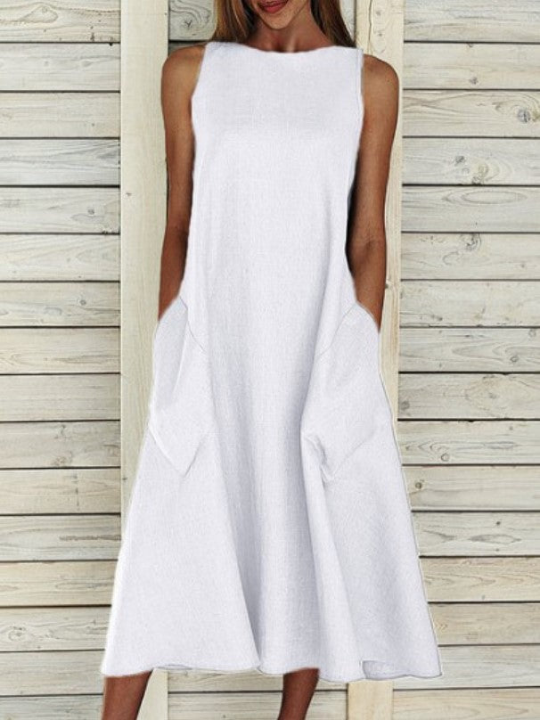 Round Neck Sleeveless Double Pocket Dress