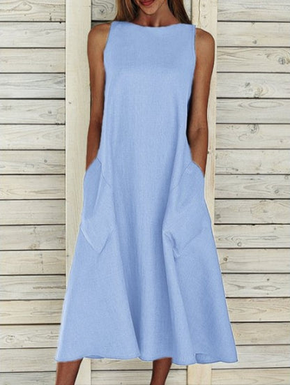 Round Neck Sleeveless Double Pocket Dress