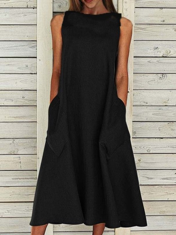 Round Neck Sleeveless Double Pocket Dress