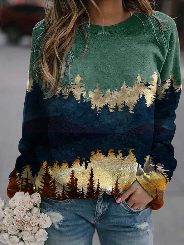 Landscape print long-sleeved sweater