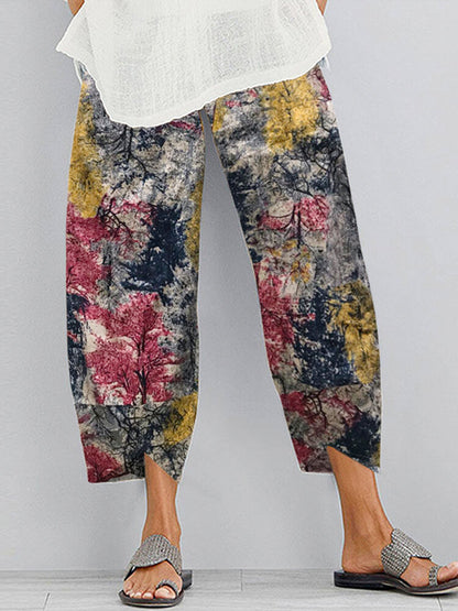 Cotton and linen printed cropped trousers