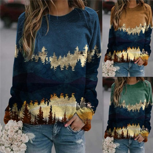 Landscape print long-sleeved sweater