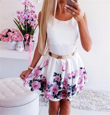 Round neck waist print rose dress