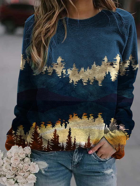 Landscape print long-sleeved sweater