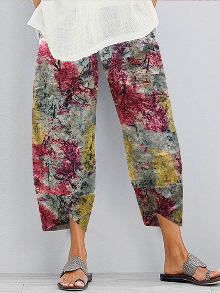 Cotton and linen printed cropped trousers