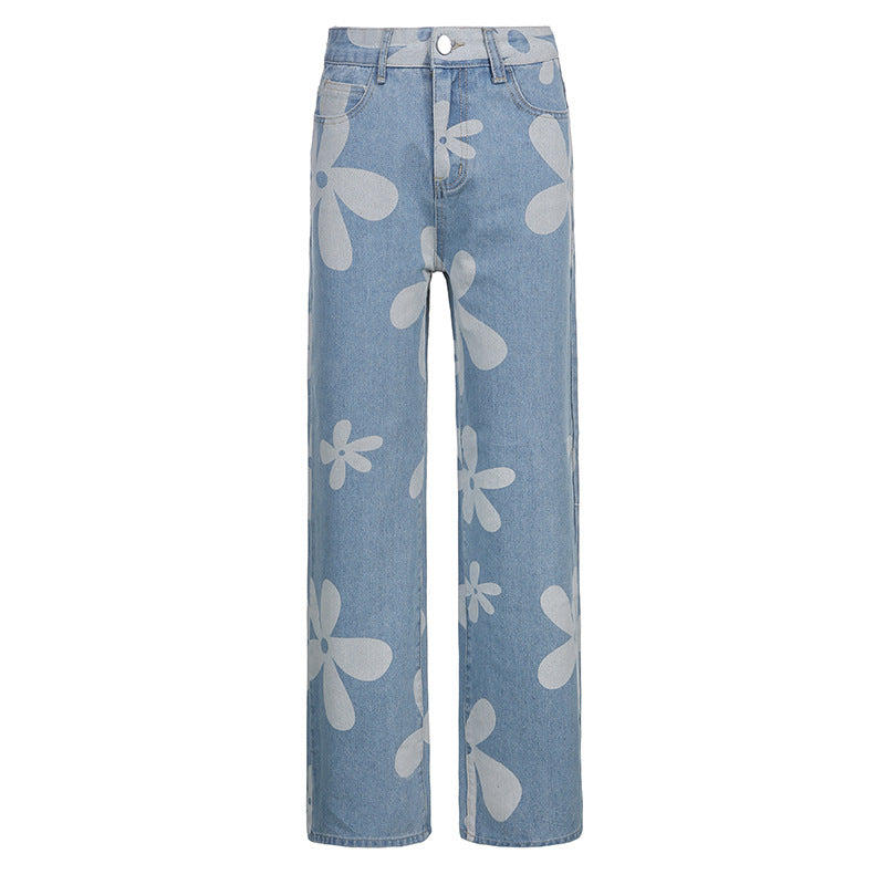 Flower Print High-rise Straight-leg Jeans