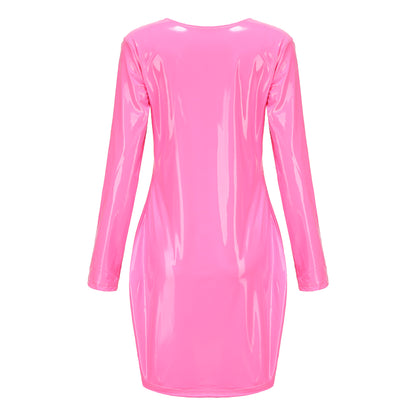 Colorful Faux Zipper High Elastic Leather Dress