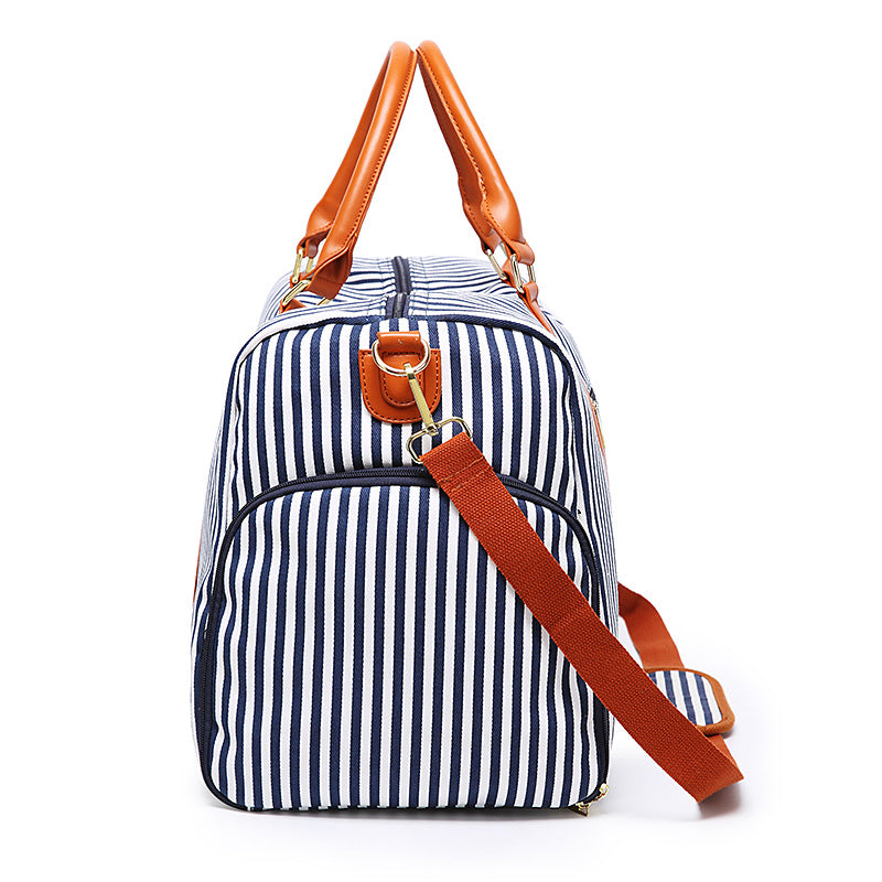 Stripe Contrast Color and Leather Canvas Big Bag