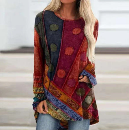 Printed Loose Round Neck Long Sleeve T-Shirt