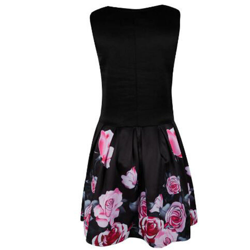 Round neck waist print rose dress