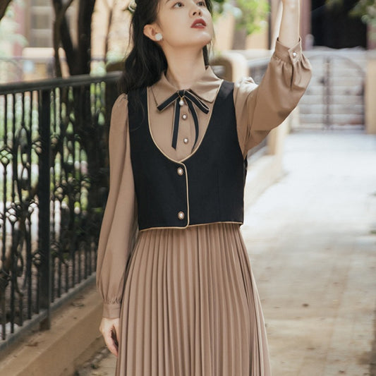 Retro Style Dress With Two-piece Vest Pleated Skirt