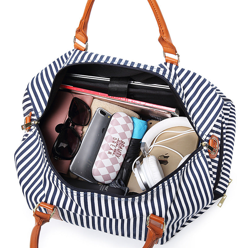 Stripe Contrast Color and Leather Canvas Big Bag