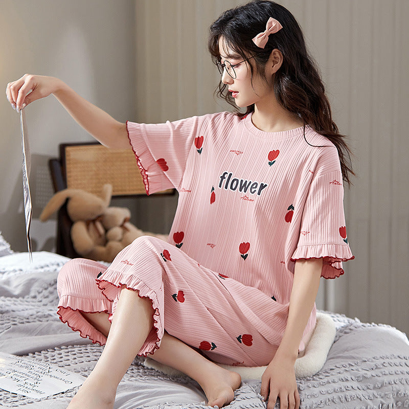 Short Sleeve Cropped Pants Loungewear Set