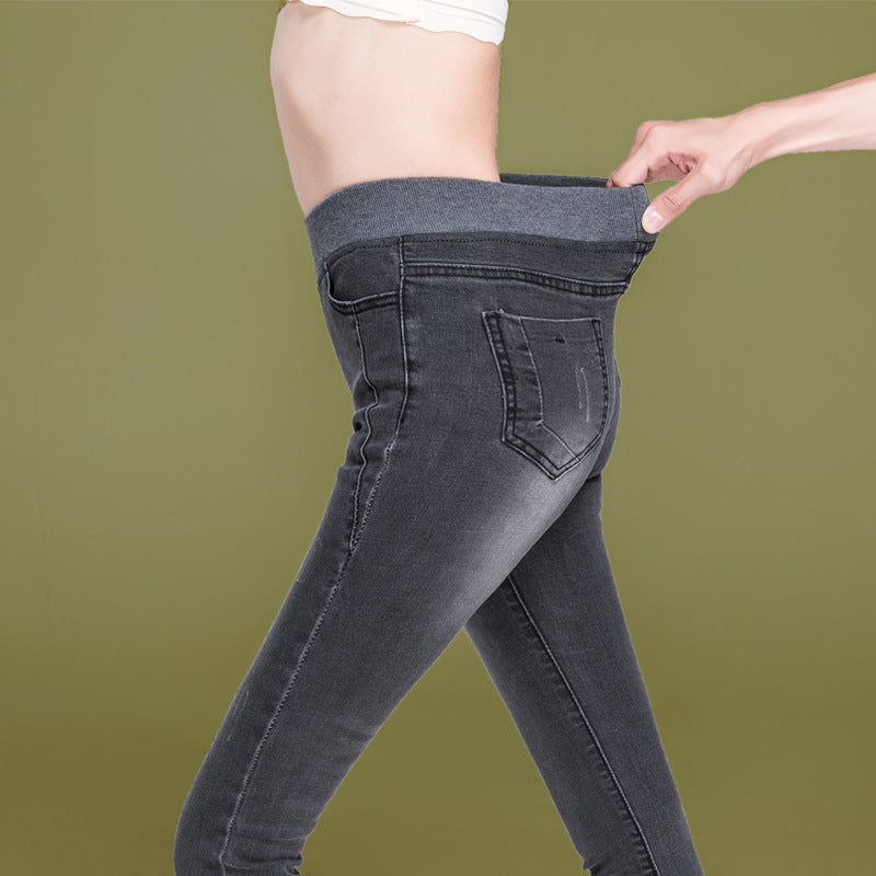 High Waist Elastic Fleece Jeans