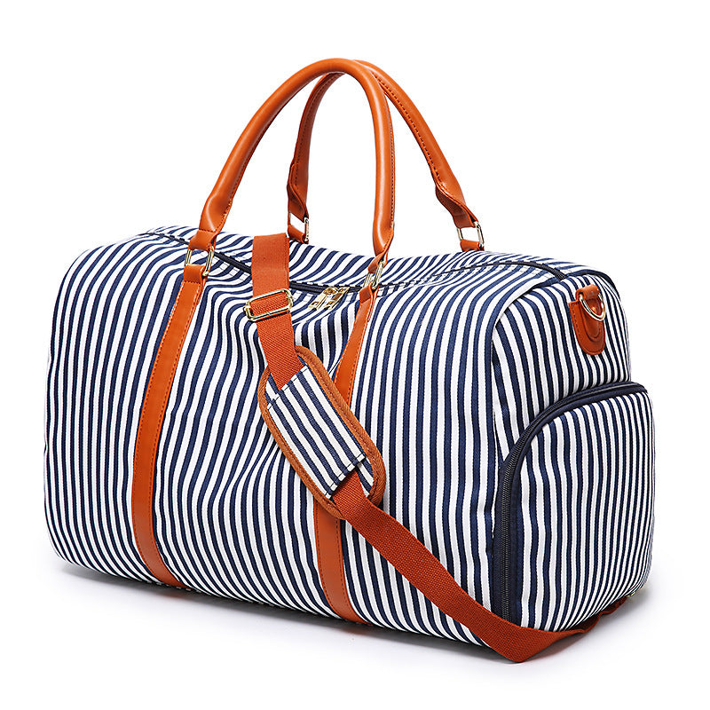 Stripe Contrast Color and Leather Canvas Big Bag