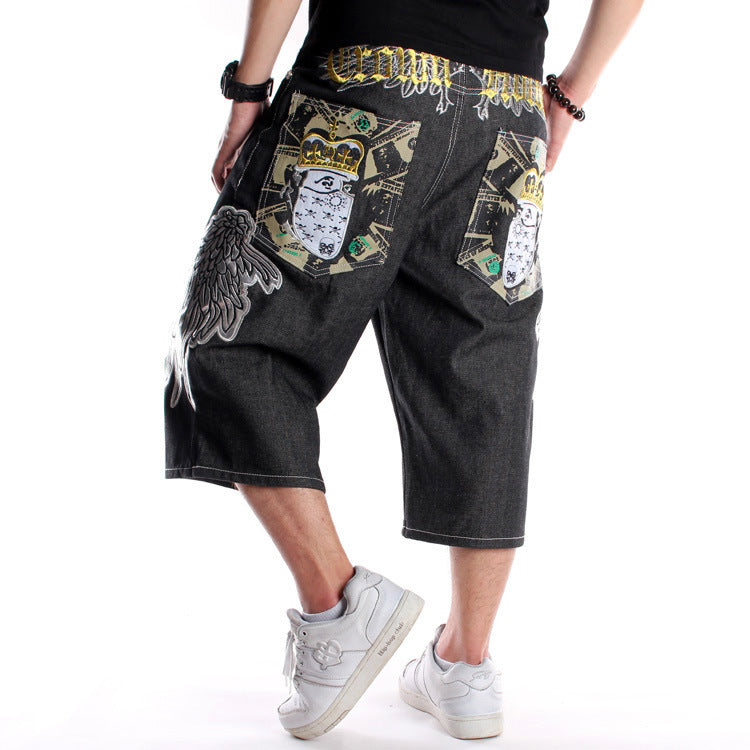 Men's Loose Plus Size Embroidered Denim Shorts