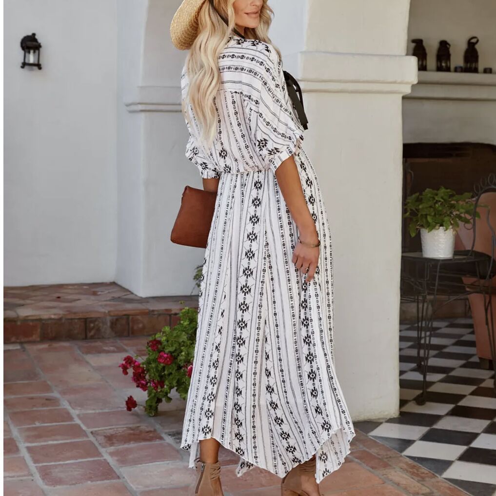 Bohemian V Neck Short Sleeves Dress