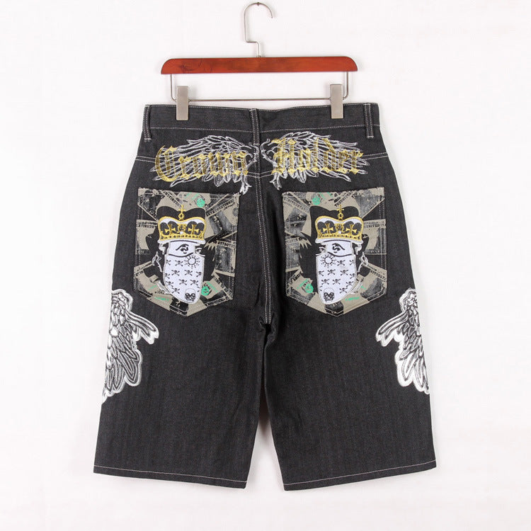 Men's Loose Plus Size Embroidered Denim Shorts