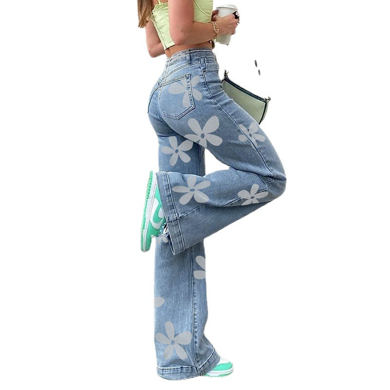 Flower Print High-rise Straight-leg Jeans