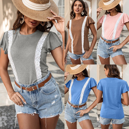 Lace Ruffled Short-sleeved T-shirt