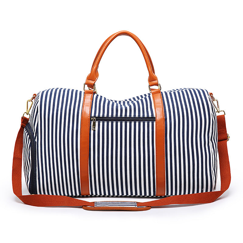 Stripe Contrast Color and Leather Canvas Big Bag