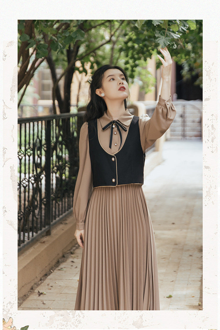 Retro Style Dress With Two-piece Vest Pleated Skirt