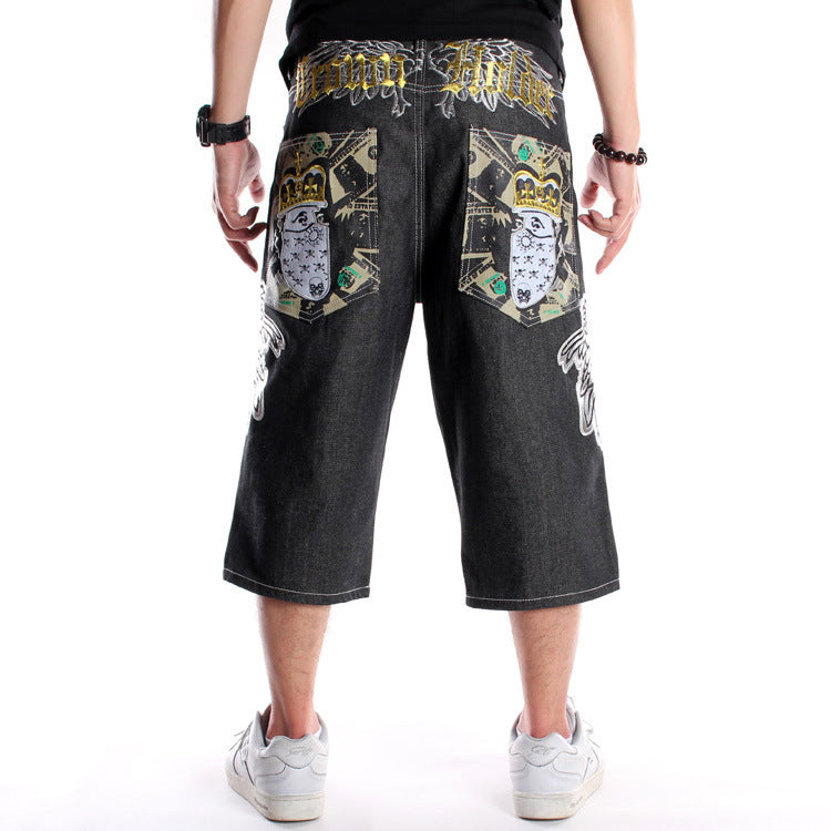 Men's Loose Plus Size Embroidered Denim Shorts