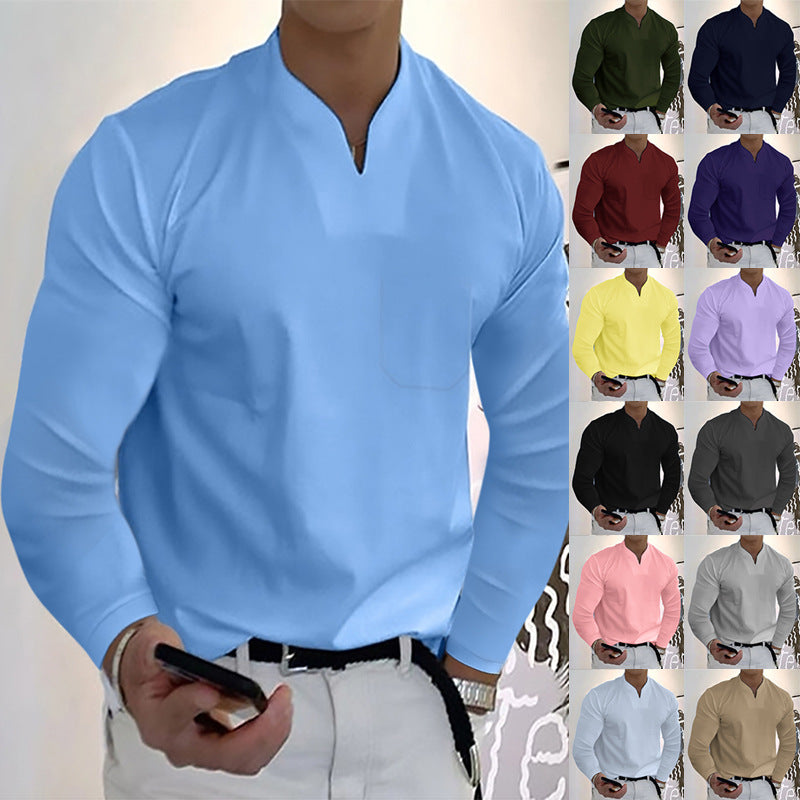 Casual Solid Color V-neck Long Sleeve Shirts